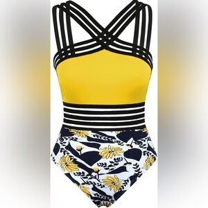 Hilor White and Yellow ONE PIECE SWIMSUIT WOMENS SIZE L (10-12)
